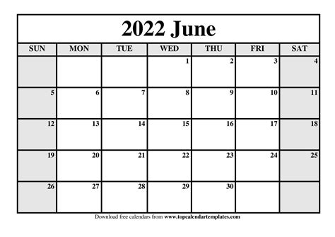 Free Calendar Template June 2022